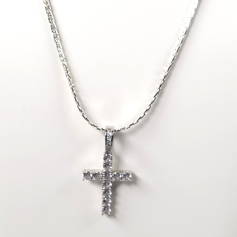 Rhinestone Cross Necklace Silver Tone Sparkling Religious Pendant Jewelry